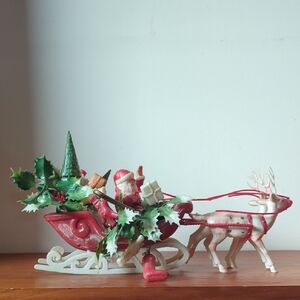Vintage Plastic Mid Century SANTA and sleigh With Two Reindeer